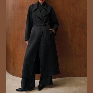 Black Wool Blend Belted Lapel Long Oversized Wrap Over Coat